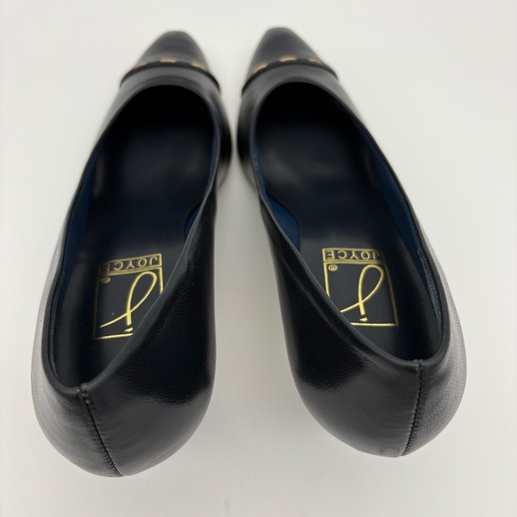 Joyce Vintage Dark Navy Kidskin Leather Pointed Toe Heels with Gold Toe Accent - Picture 6 of 15